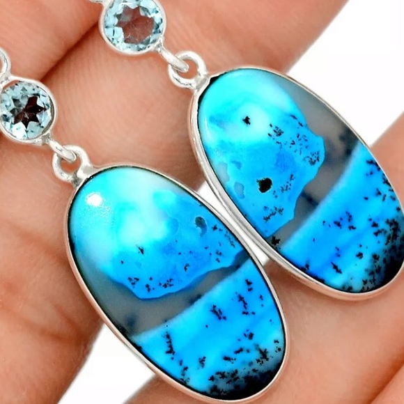 Dendritic Opal And blue topaz silver earrings - Picture 2 of 2